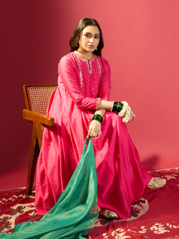 Hot Pink U Yoke Gathered Kurta Set