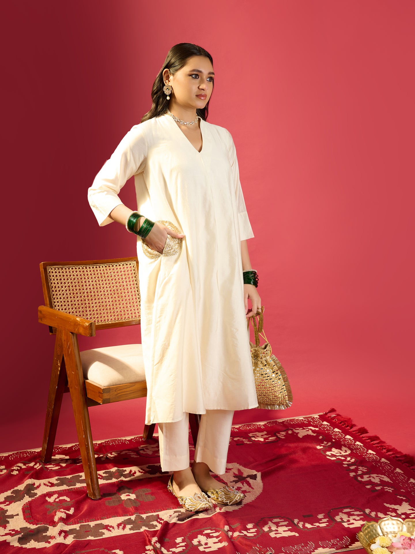 Off-White Embroidered Pocket Kurta Set