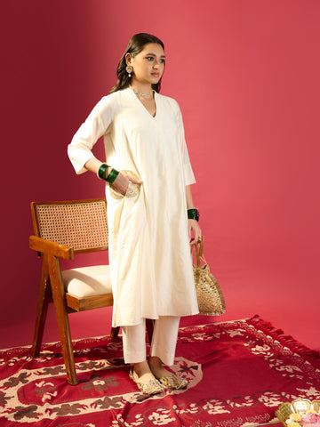 Off-White Embroidered Pocket Kurta Set