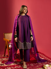 Load image into Gallery viewer, Deep Purple Shoulder Kali Kurta With Pant And Dupatta
