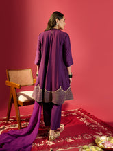 Load image into Gallery viewer, Deep Purple Shoulder Kali Kurta With Pant And Dupatta
