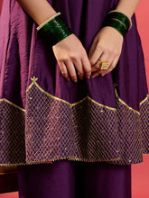 Load image into Gallery viewer, Deep Purple Shoulder Kali Kurta With Pant And Dupatta
