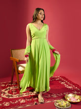 Load image into Gallery viewer, Parrot Green Box Pleat Dress With Dupatta
