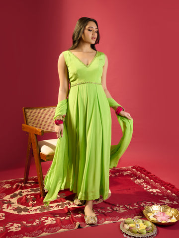 Parrot Green Box Pleat Dress With Dupatta