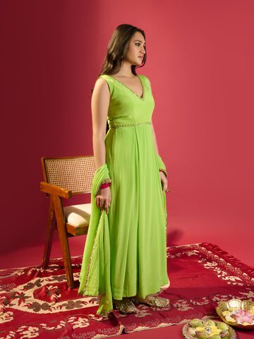 Parrot Green Box Pleat Dress With Dupatta