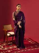 Load image into Gallery viewer, Deep Purple Keri Jaal Saree With Stripe Blouse
