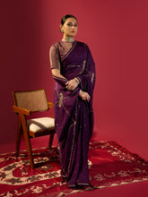 Load image into Gallery viewer, Deep Purple Keri Jaal Saree With Stripe Blouse
