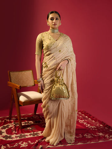 Beige Floral Jaal Saree With Stripe Tissue Blouse