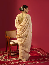 Load image into Gallery viewer, Beige Floral Jaal Saree With Stripe Tissue Blouse
