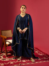 Load image into Gallery viewer, Navy Blue Short Kurta With Flared Pants Set
