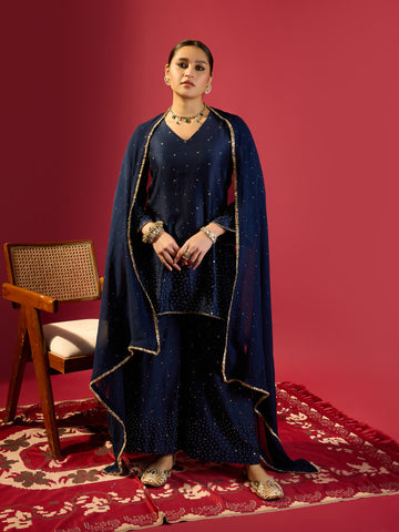Navy Blue Short Kurta With Flared Pants Set