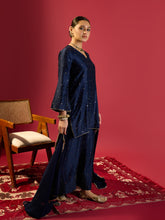 Load image into Gallery viewer, Navy Blue Short Kurta With Flared Pants Set

