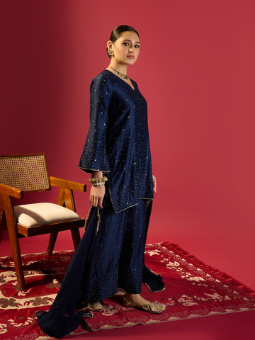 Navy Blue Short Kurta With Flared Pants Set