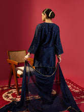 Load image into Gallery viewer, Navy Blue Short Kurta With Flared Pants Set
