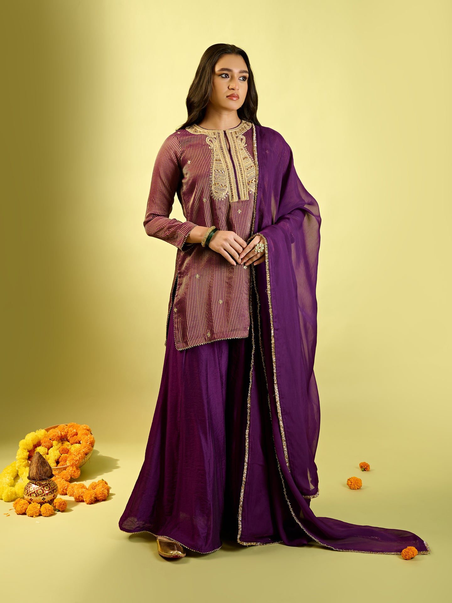 Deep Purple Stripe Kurta Palazzo Set