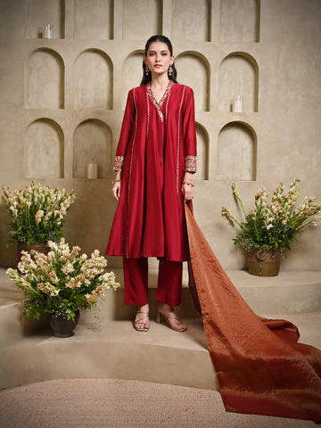Maroon V Collar Jacket Shoulder Kali Kurta Set