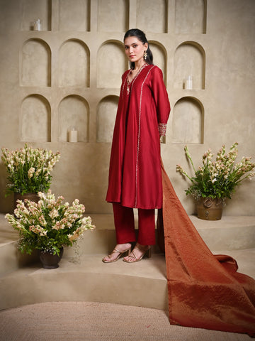 Maroon V Collar Jacket Shoulder Kali Kurta Set