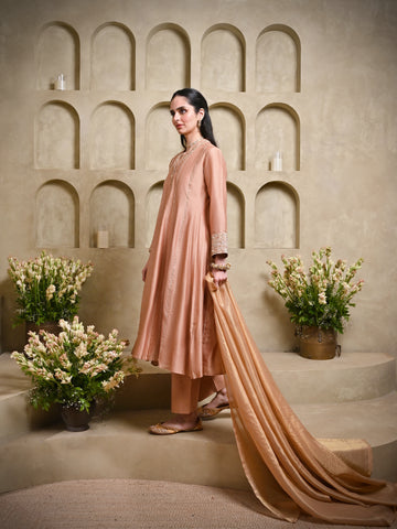 Beige V Collar Jacket Shoulder Kali Kurta Set