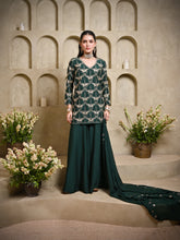 Load image into Gallery viewer, Bottle Green Two Keri Short Kurta With Kali Palazzo &amp; Dupatta
