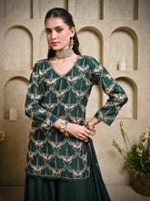 Load image into Gallery viewer, Bottle Green Two Keri Short Kurta With Kali Palazzo &amp; Dupatta
