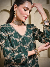 Load image into Gallery viewer, Bottle Green Two Keri Short Kurta With Kali Palazzo &amp; Dupatta
