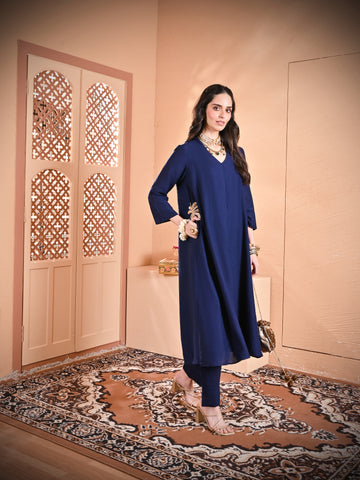 Navy Blue Palm Tree Pocket Kurta Set