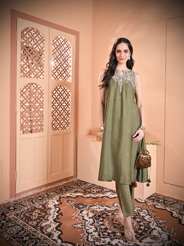 Moss Green Sleeveless A Line Kurta Set