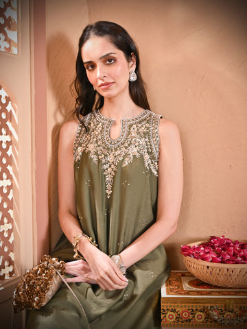 Moss Green Sleeveless A Line Kurta Set