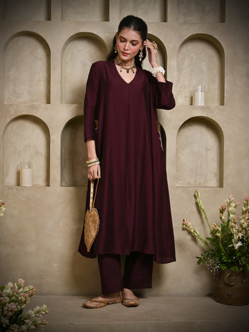 Dark Wine Antique Flower Pocket Kurta Set
