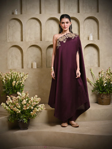 Dark Wine One Shoulder Dress Set