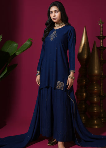 Navy Blue Flower Short Kurta Badla Palazzo Set