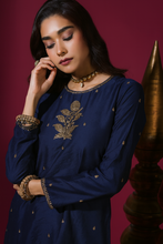 Load image into Gallery viewer, Navy Blue Flower Short Kurta Badla Palazzo Set
