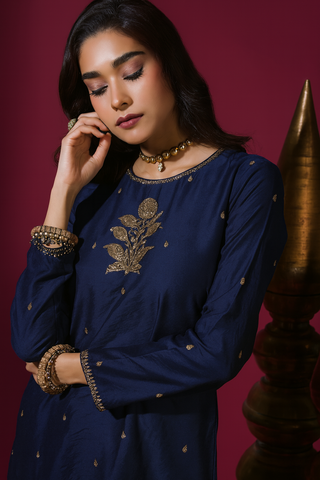 Navy Blue Flower Short Kurta Badla Palazzo Set