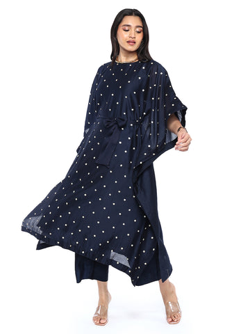 Navy Blue Kaftan Set With Belt