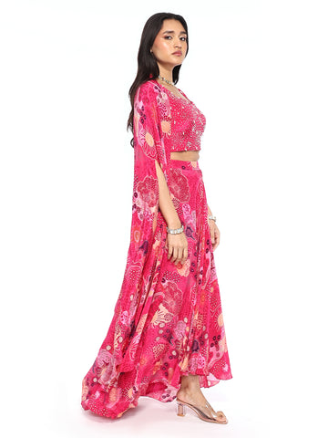 Pink Dhoti Skirt With Bustier & Cape